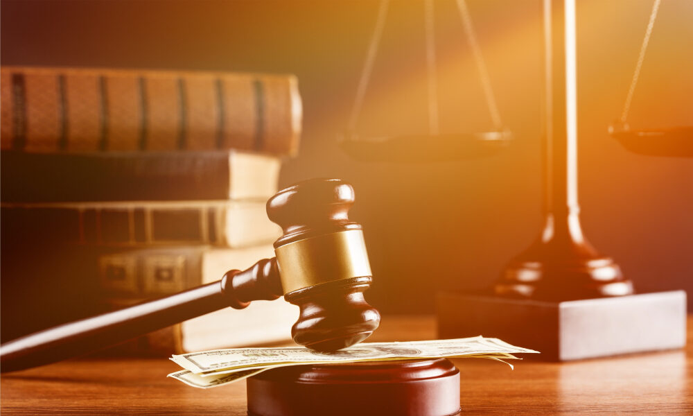 What Kind of Compensation Can a North Carolina Dog Bite Victim Receive? law books and scales of justice behind a gavel on money at desk with soft filter