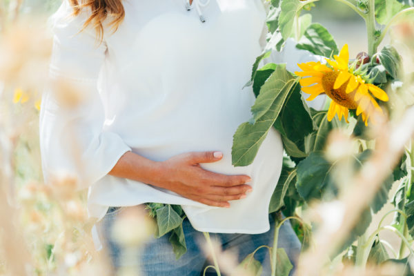 pregnant woman holding her belly with her hands in a white blouse on sunflowers.