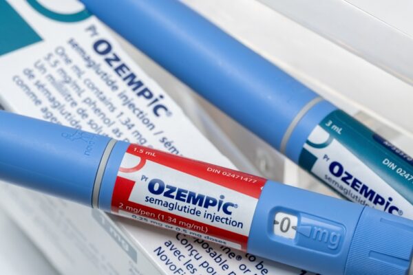 closeup of Ozempic semaglutide injection pens and box.