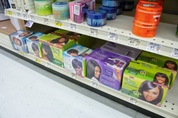 african american hair relaxer products on shelf in store